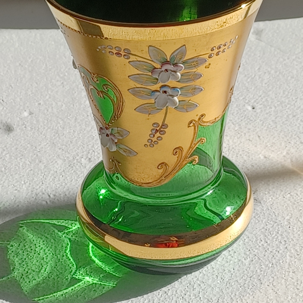 Handcrafted Tre Fuochi Gold & Green Enameled Glass Vase 24K Gold